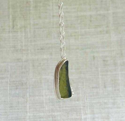 Green Cornish Seaglass and Recycled Sterling Silver Nekclace